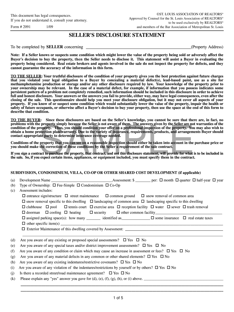 2091 Sellers BDisclosureb V7 09 Sampleqxp  Real Estate License  Form