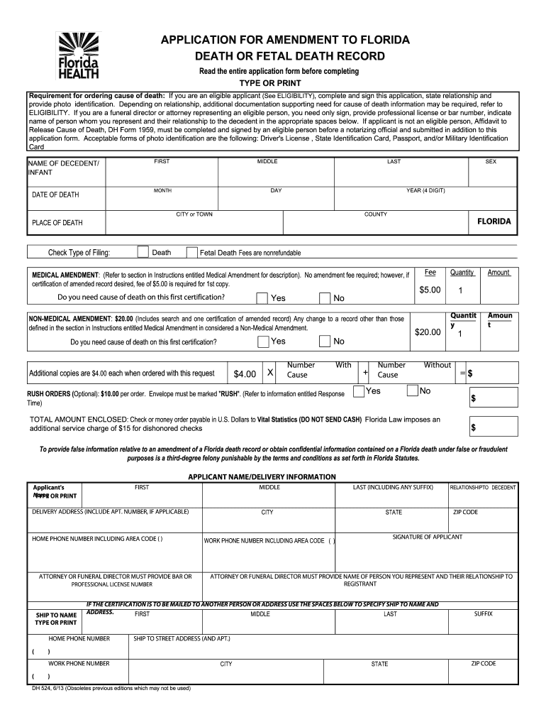  Application for Amendment to Florida Death or Fetal Death Record 2013