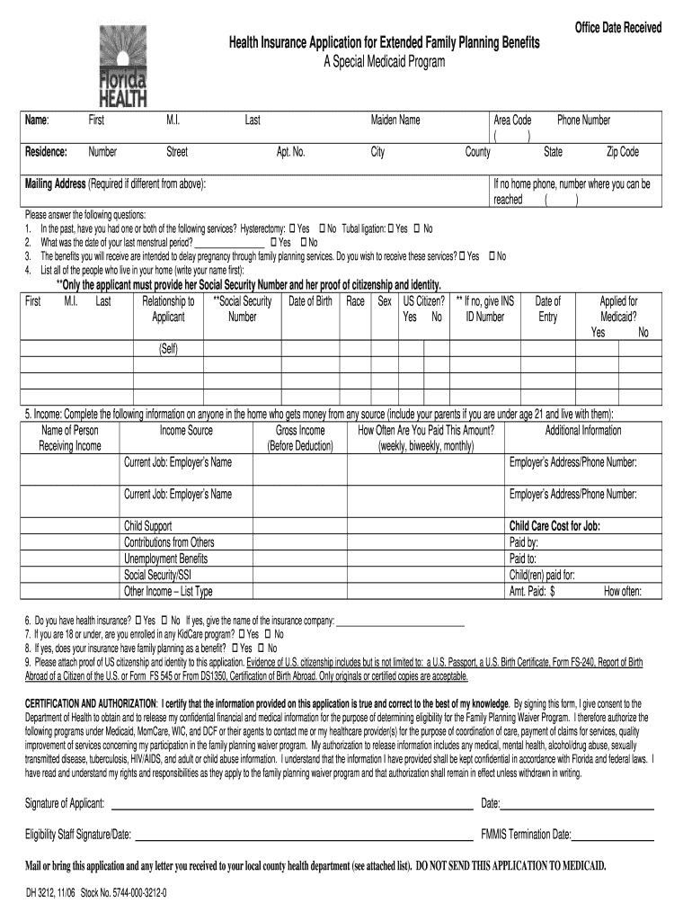 Health Care Application for Exteded Family Planning Benefits Form