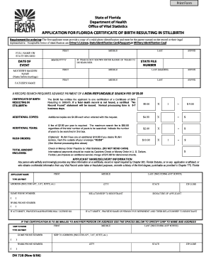 Application for Florida Certificate of Birth Resulting in Stillbirth  Form