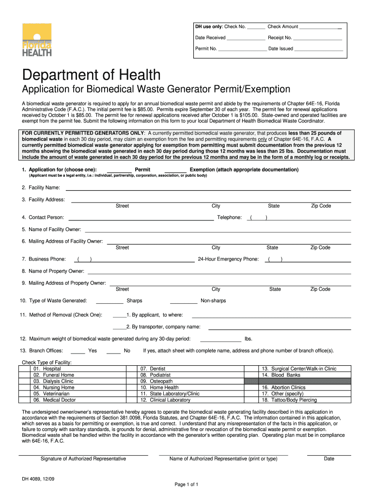  Florida Application Biomedical Waste 2009-2024