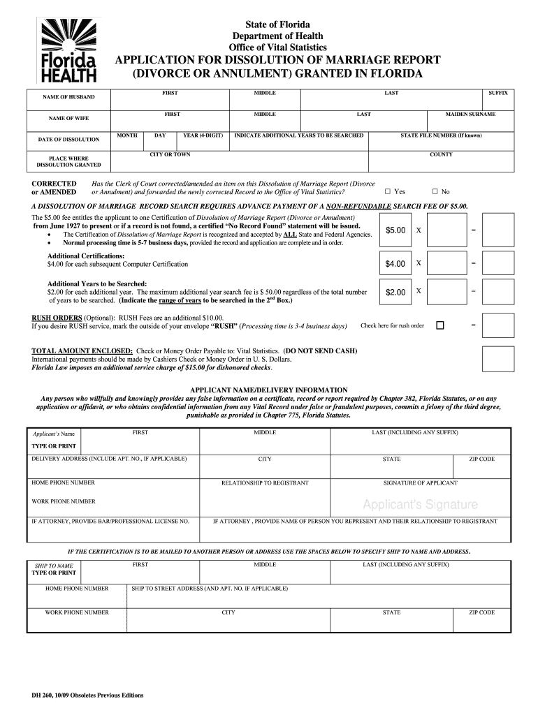  DH260 Appliction for Divorce or Annulment Record Florida 2009