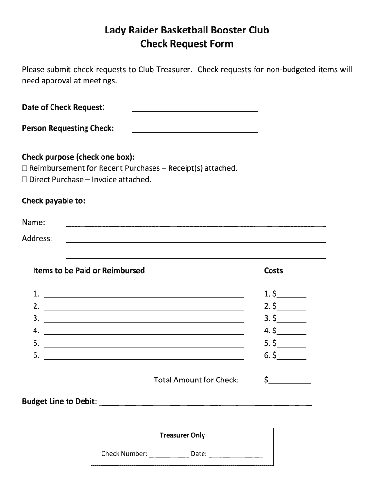 Lady Raider Basketball Booster Club Check Request Form Date of