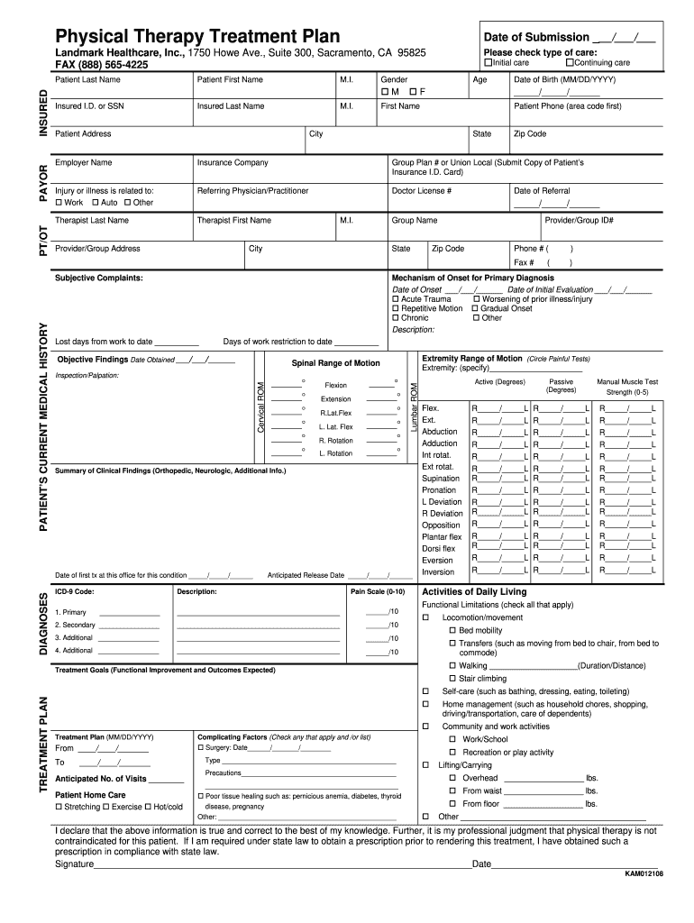 Physical Therapy Treatment Plan  Form