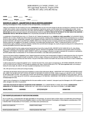 Liability Waiver &amp; Rental Agreement Howardsville Canoe Livery  Form