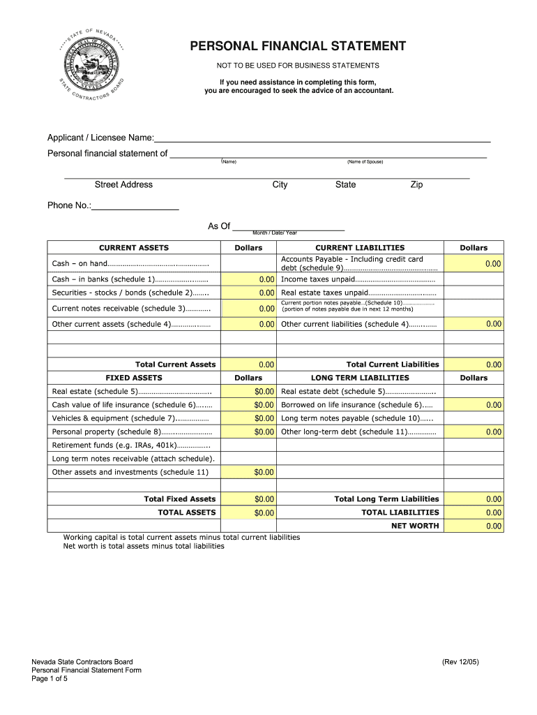 Nevada Financial Statement  Form
