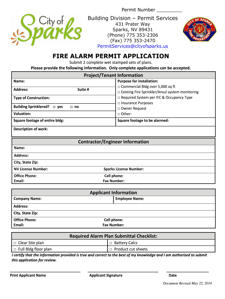  FIRE ALARM PERMIT APPLICATION City of Sparks 2014-2024
