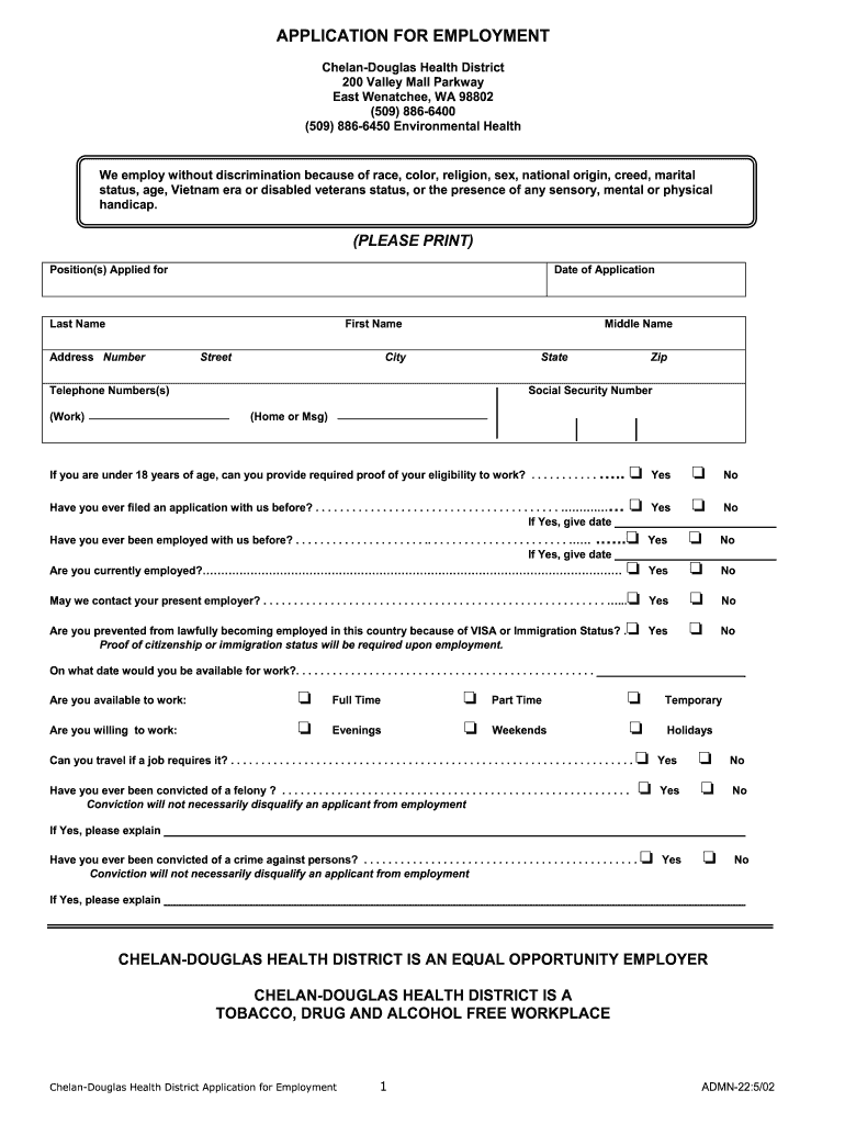 APPLICATION for EMPLOYMENT  Chelan Douglas Health District  Cdhd Wa  Form