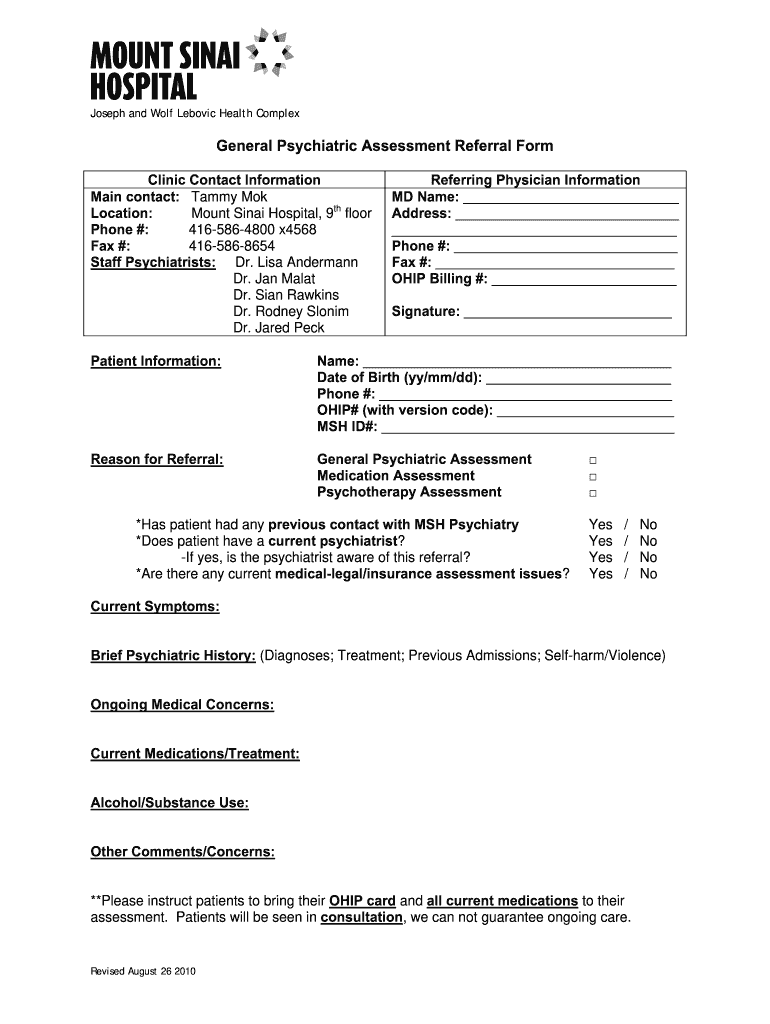  Psychiatric Assessment Template Form 2010