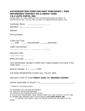 Authorization Form for Part Purchased Non Refundable Deposit on a
