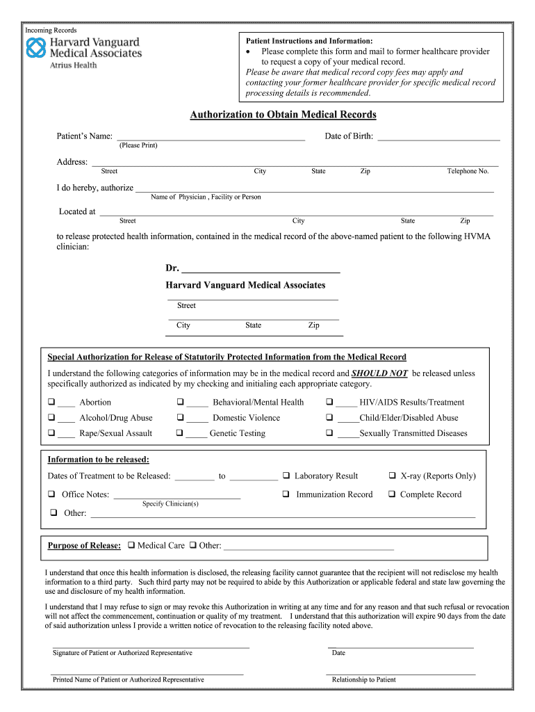 Harvard Vanguard Medical Records  Form