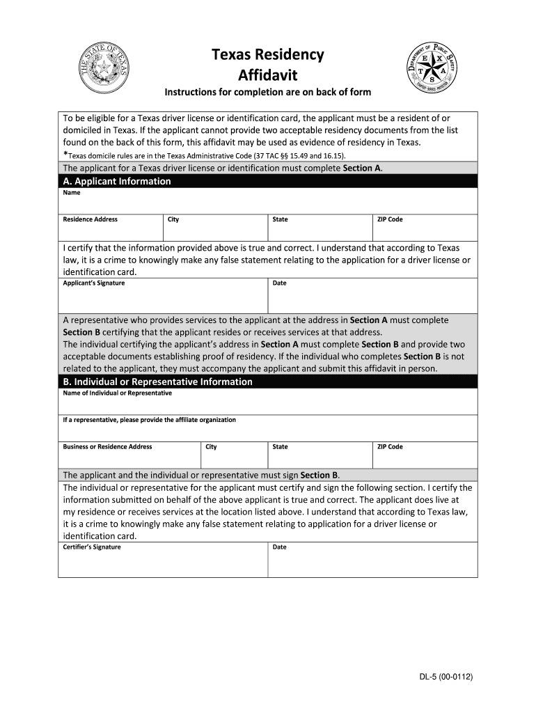  Texas Residency Affidavit 2012-2023