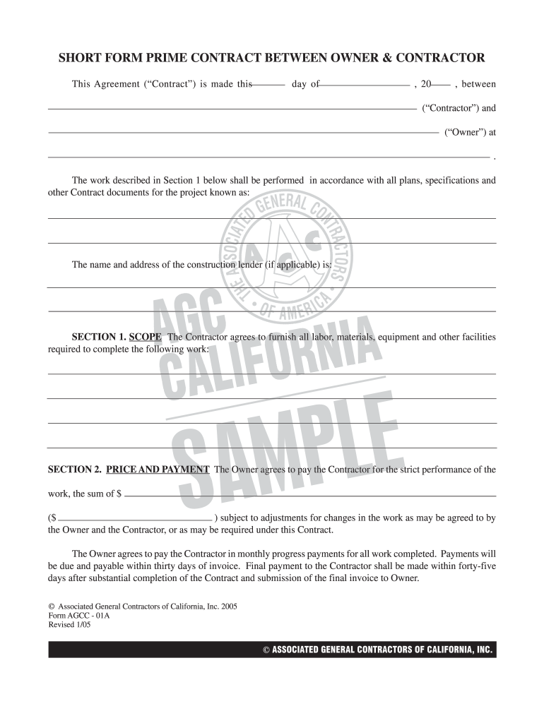 Get and Sign Short Form Prime Contract between Owner & Contractor  AGC  Agc Ca