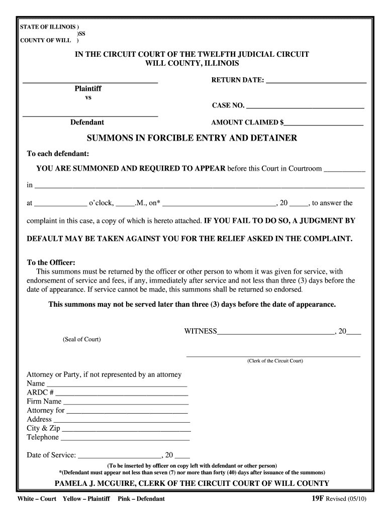  Will County Illinois Summons in Forceible En Detainer Form 2010