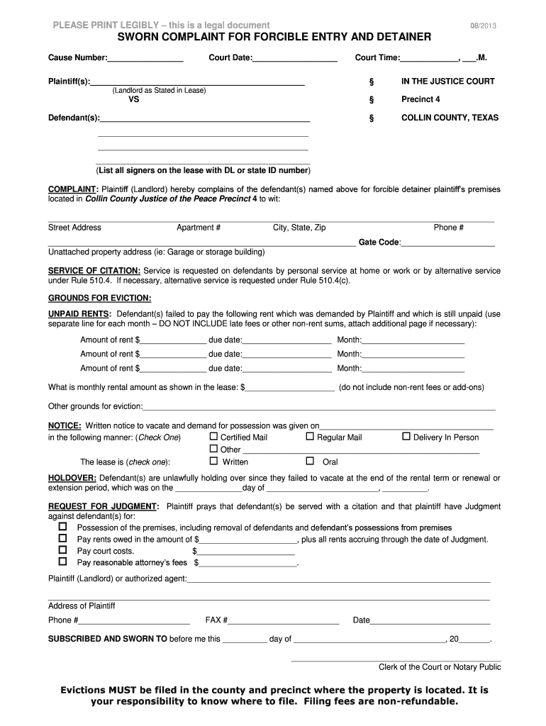 Entry Detainer Collin County  Form