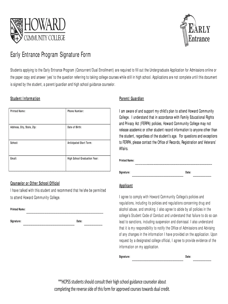 Early Entrance Program Signature Form Howard Community College Howardcc