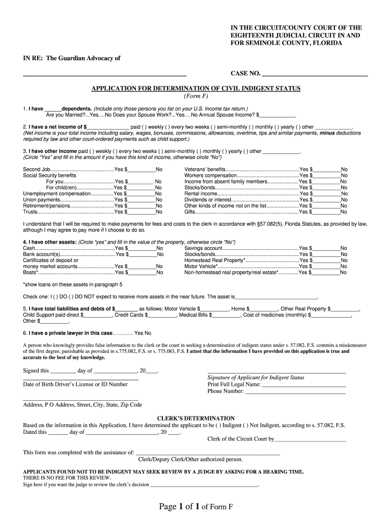 Application Determination Civil Indigent Status County  Form