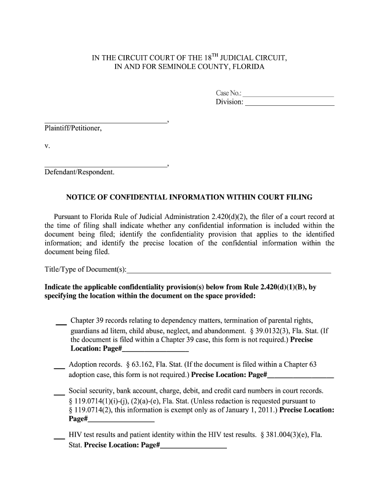 Get and Sign Saint Johns Flriday Notice of Confidential Information within Court Filing