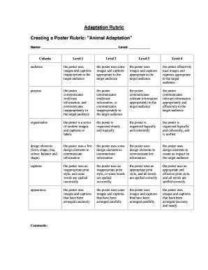 Adaptation Rubric Creating a Poster Rubric Animal Adaptation Lth5 K12 Il  Form