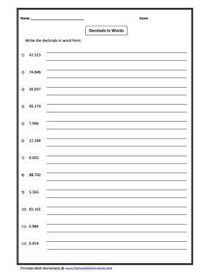 Writing Decimals in Words Worksheet PDF  Form