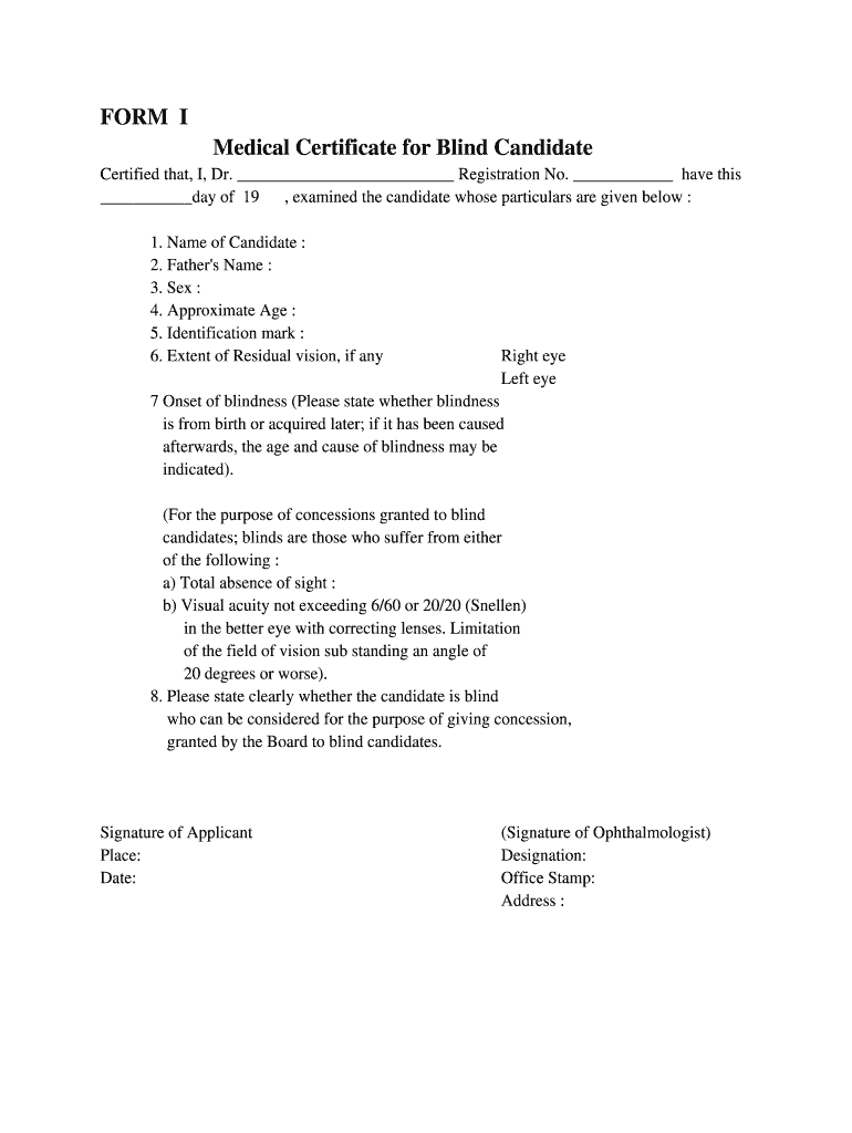 Medical Certificate Blind  Form