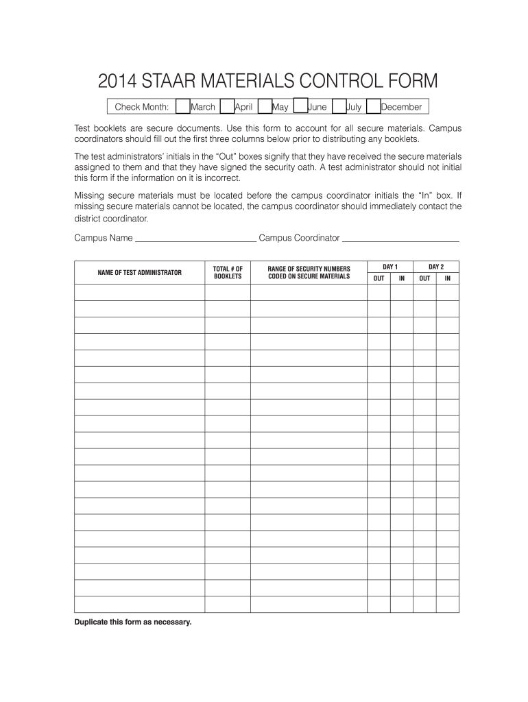  Staar Materials Control Form 2014-2024