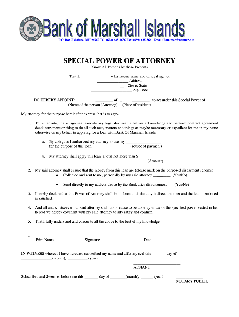 Power of Attorney DOCX Bank of Marshall Islands Bomi  Form