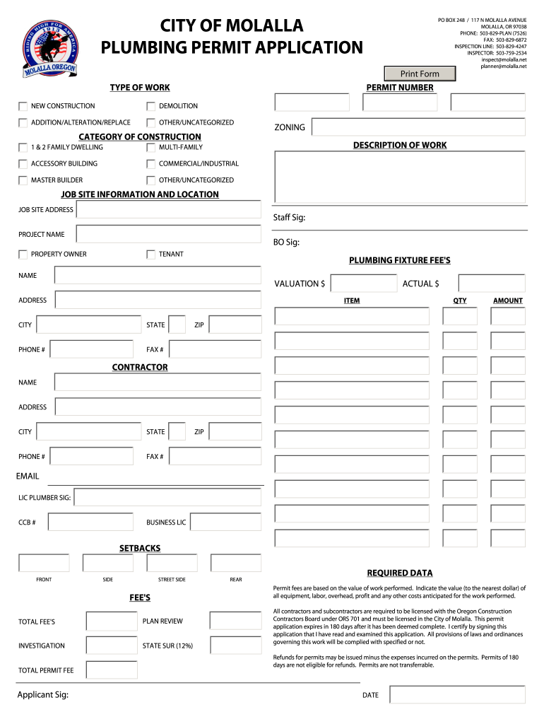 CITY of MOLALLA PLUMBING PERMIT APPLICATION  Form