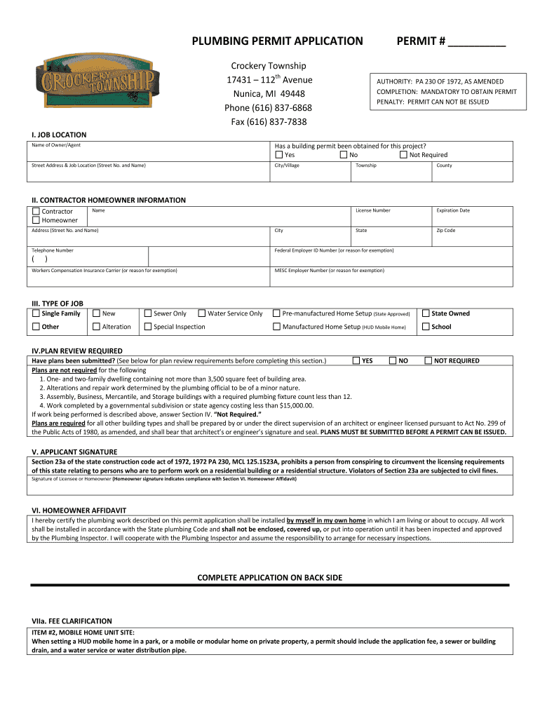  PLUMBING PERMIT APPLICATION PDF  Crockery Township  Crockery Township 2011-2024