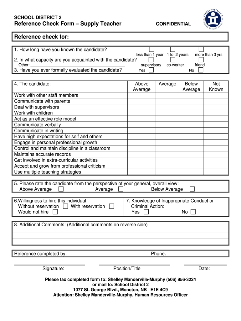 Reference Check Form for Teachers