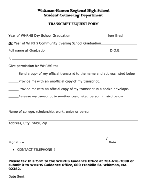 Transcript Request Form for WHRHS Graduates Whitman Hanson Whrsd