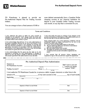 Pre Authorized Deposit Form TD Waterhouse