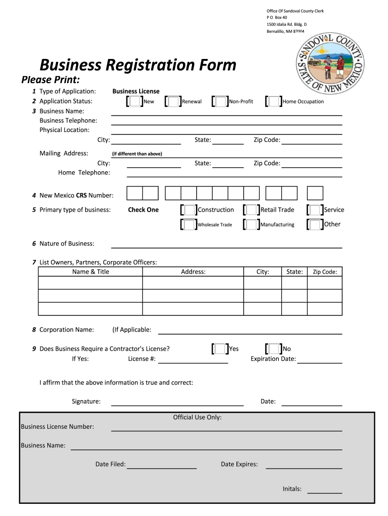 Business Registration Form Sandoval County