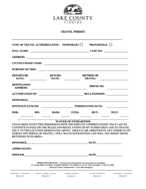 Travel Permit Lake County, FL Probation Services Lakecountyfl  Form