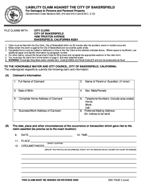 Liability Claim Form City of Bakersfield
