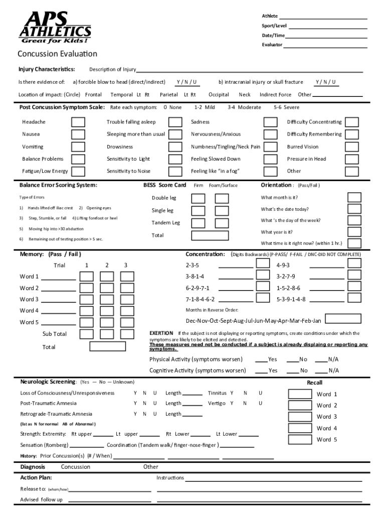 Printable Concussion Evaluation Form
