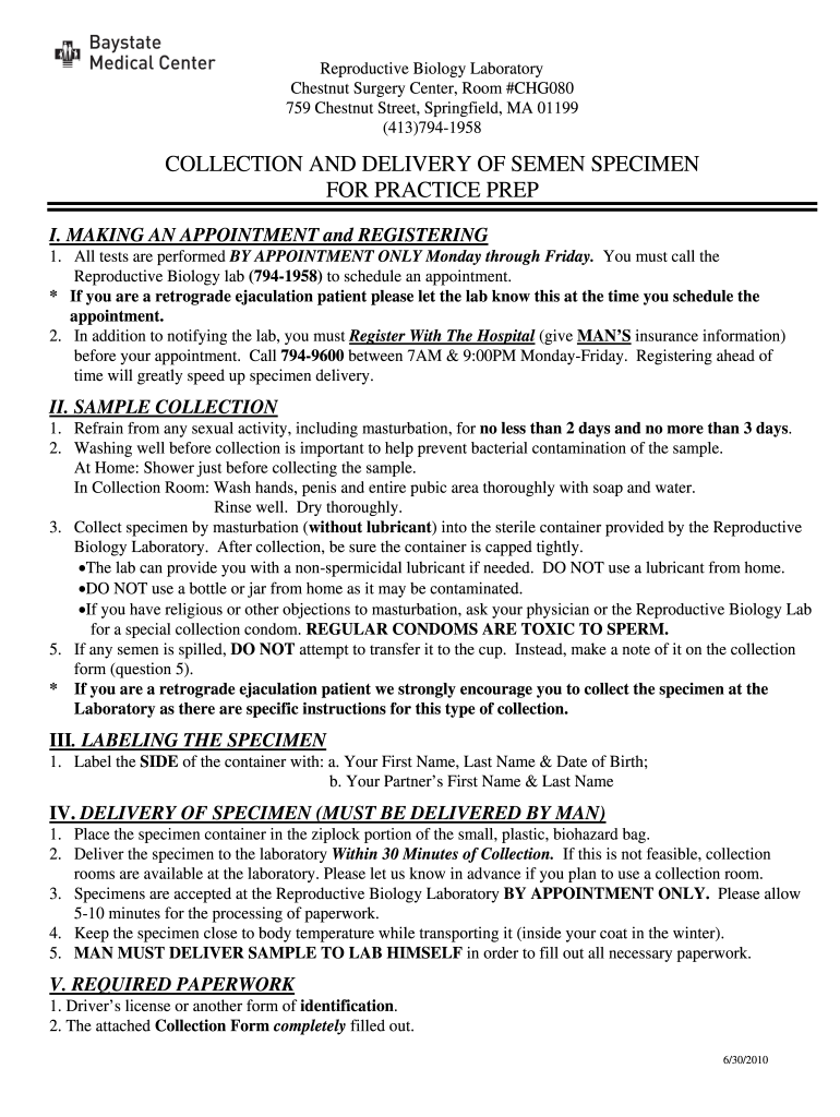  Practice Prep Collection Form  Baystate Health 2010-2024