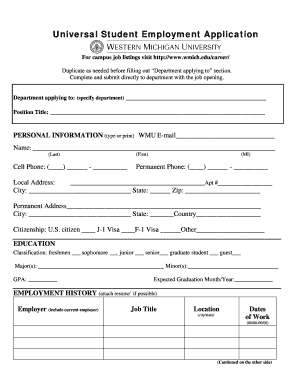 Universal Student Employment Application Western Michigan Wmich  Form