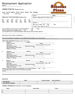 Seasons Pizza Application  Form