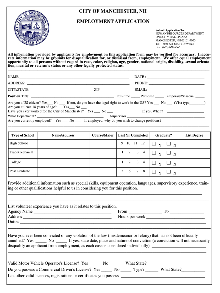 Nh Employment Application  Form