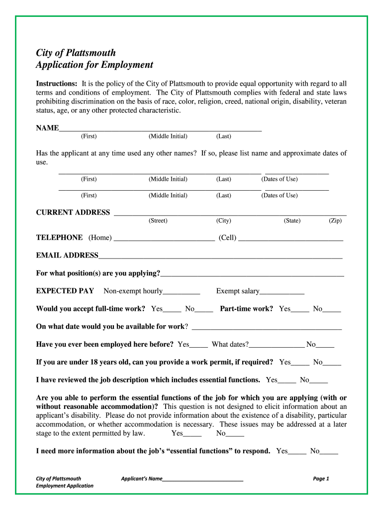 City of Plattsmouth Application for Employment  Plattsmouth  Form