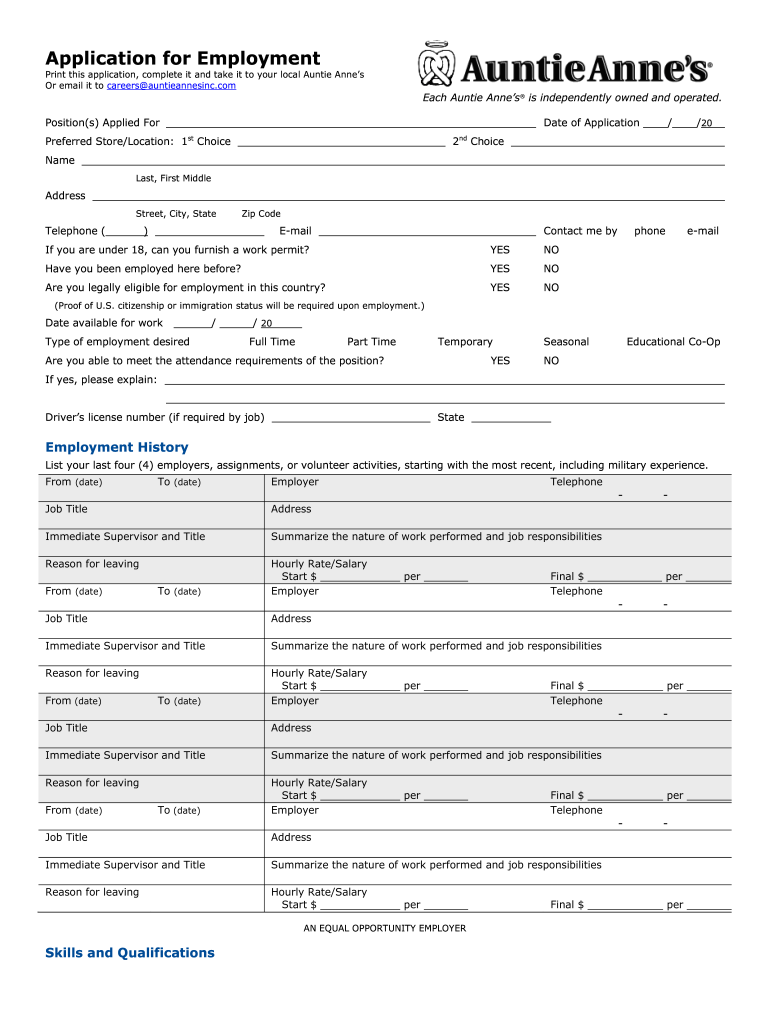 Auntie Annes Application PDF  Form