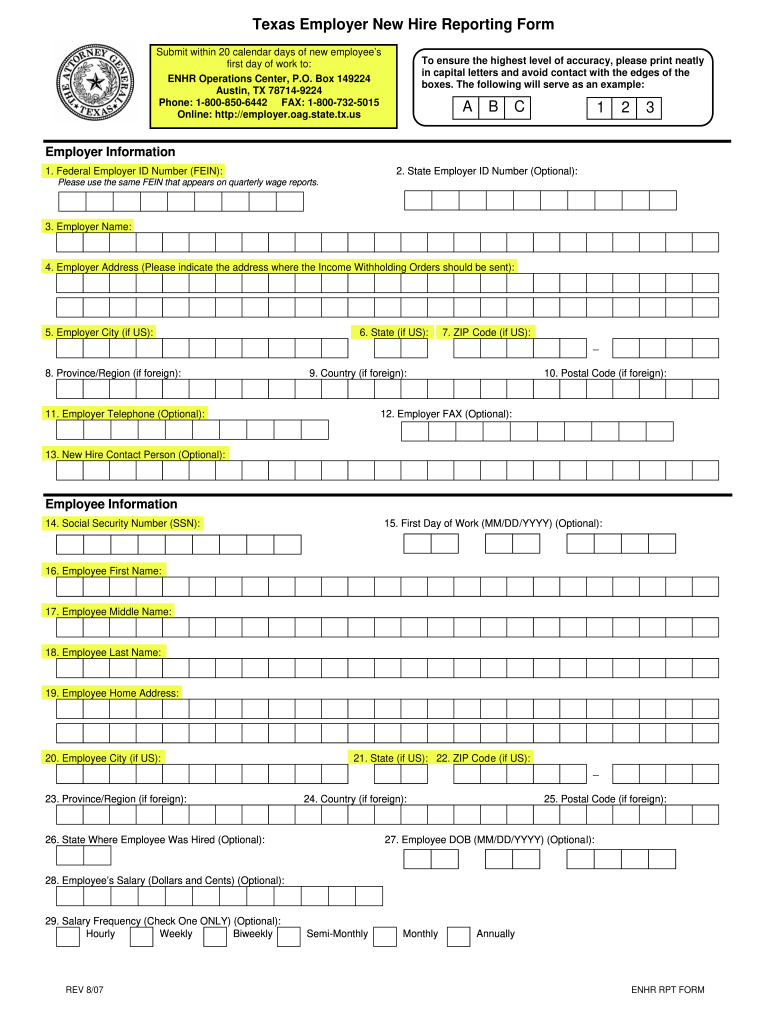  Texas New Hire Reporting Form 2007