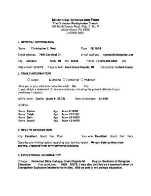 MINISTERIAL INFORMATION FORM the Orthodox Presbyterian