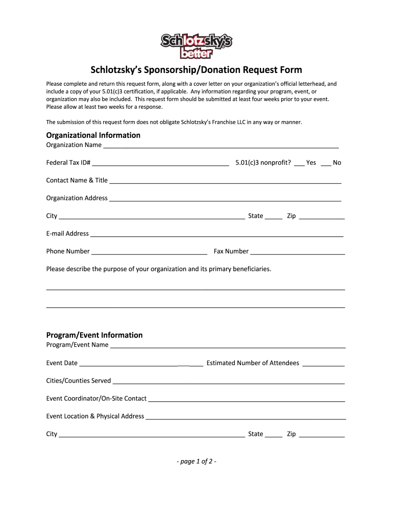Schlotzsky's Donation Request  Form