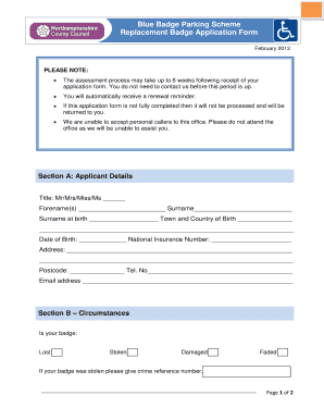 Blue Badge Renewal Northamptonshire  Form