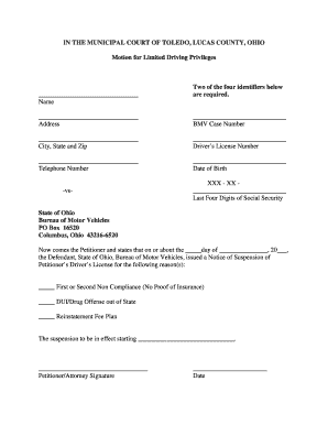  Lucas County Driving Pivilges Application for Adults 2011-2024