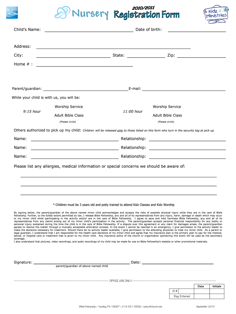 Nursery Registration Form  Bible Fellowship Evangelical Church