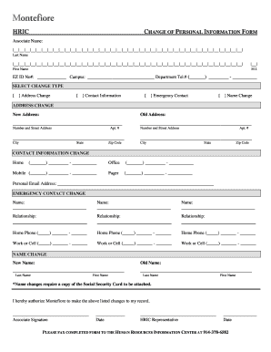 Change of Personal Information Form Montefiore Medical Center Montefiore