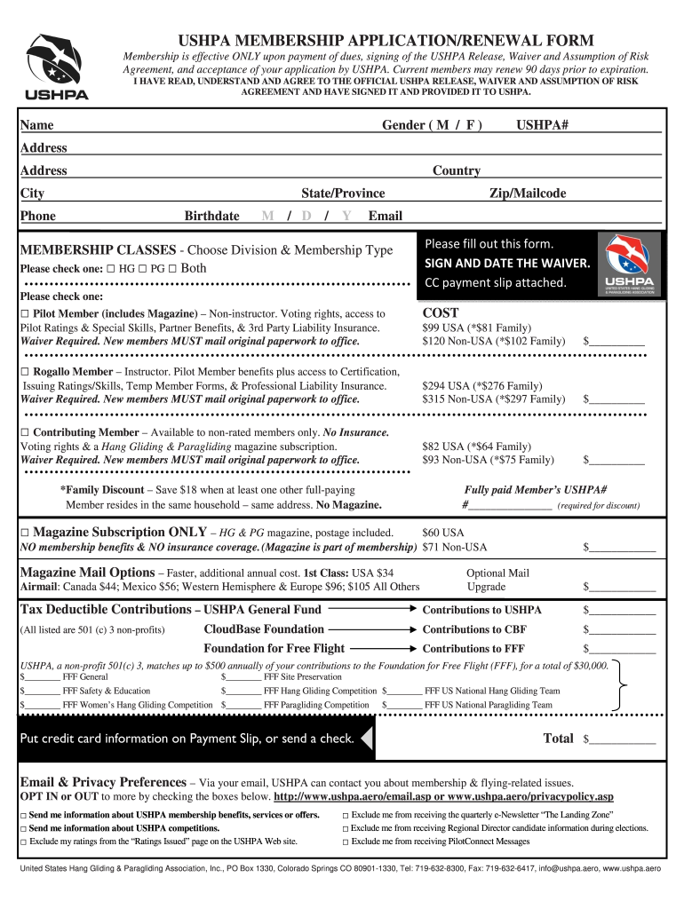 Ushpa Membership Applicationrenewal Form  US Hang Gliding and    Ushpa